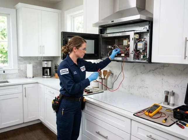 Appliance Repair Hero technician testing an over-the-range microwave in a Birchrunville, PA kitchen